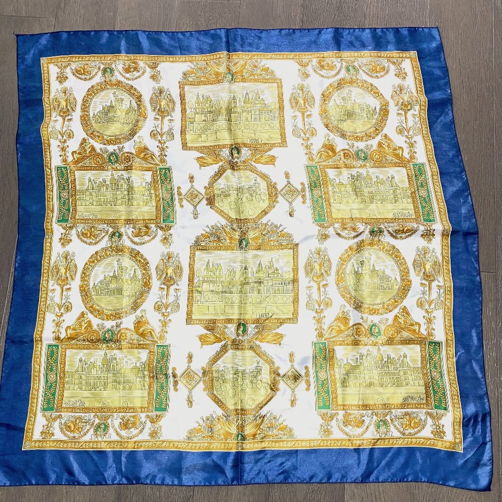 Soft Fabric Scarf Navy and Gold Castles Roman Ornate Design